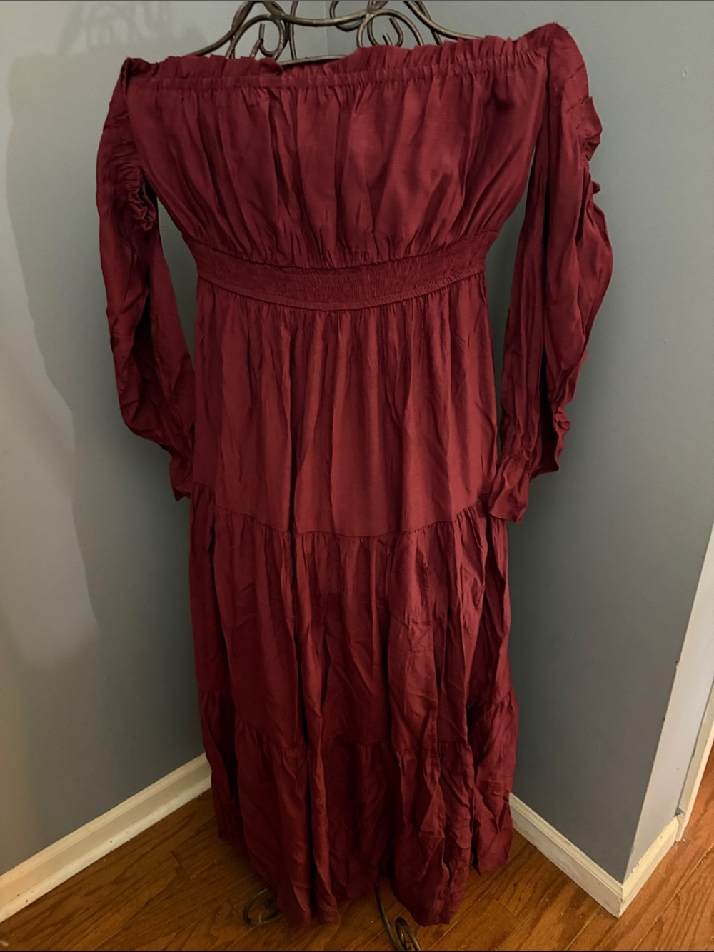 Off-Shoulder Burgundy Maxi Dress with Smocked Waist